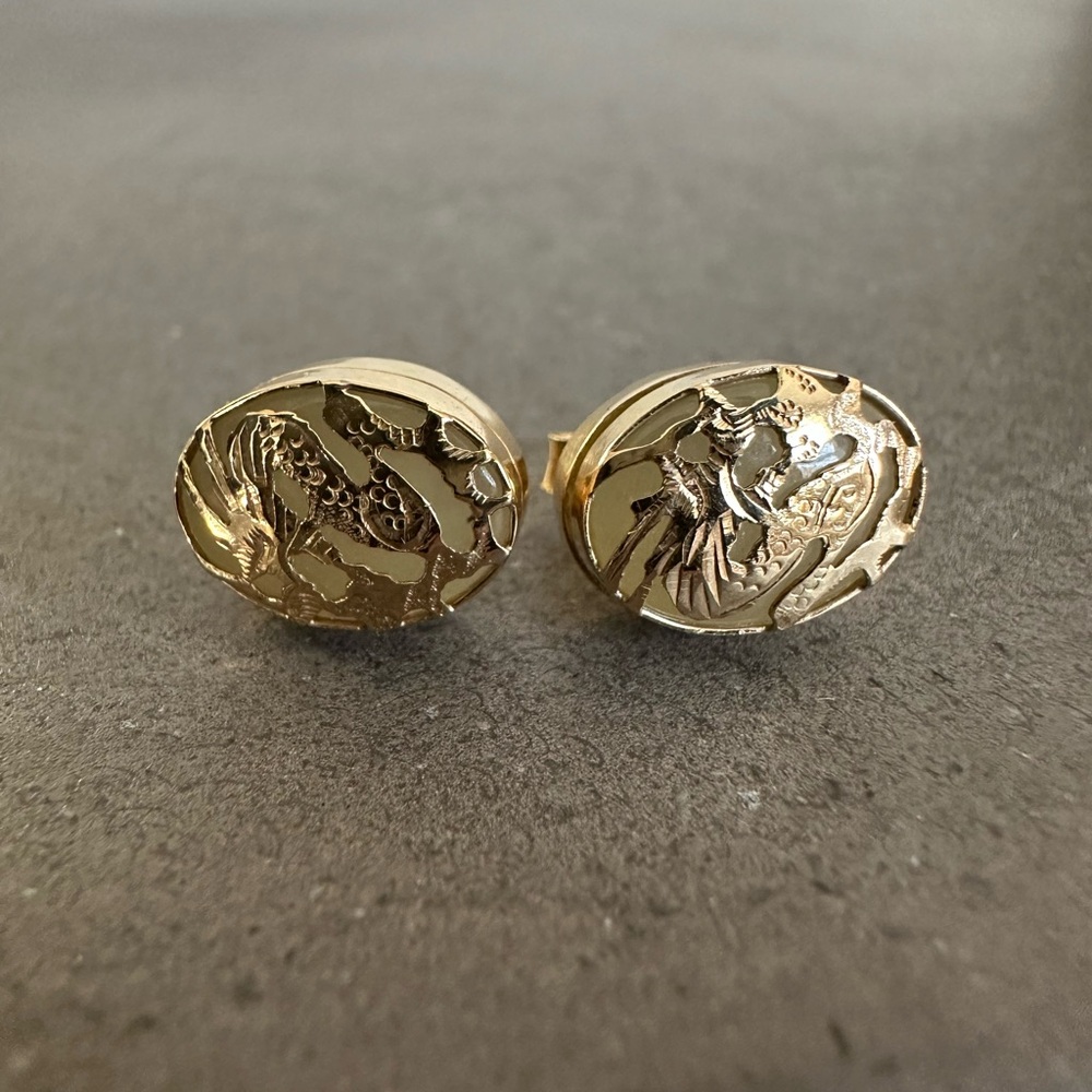 14K Gold Semi-Precious Stone & Dragon Post Stud Earrings